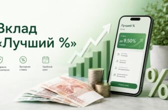 Вклад «Лучший %» от СберБанка: смартфон с условиями вклада, рубли, монеты и знак процента