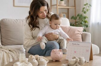 Пособие по уходу за ребенком до 1,5 лет: мама с малышом и детскими вещами